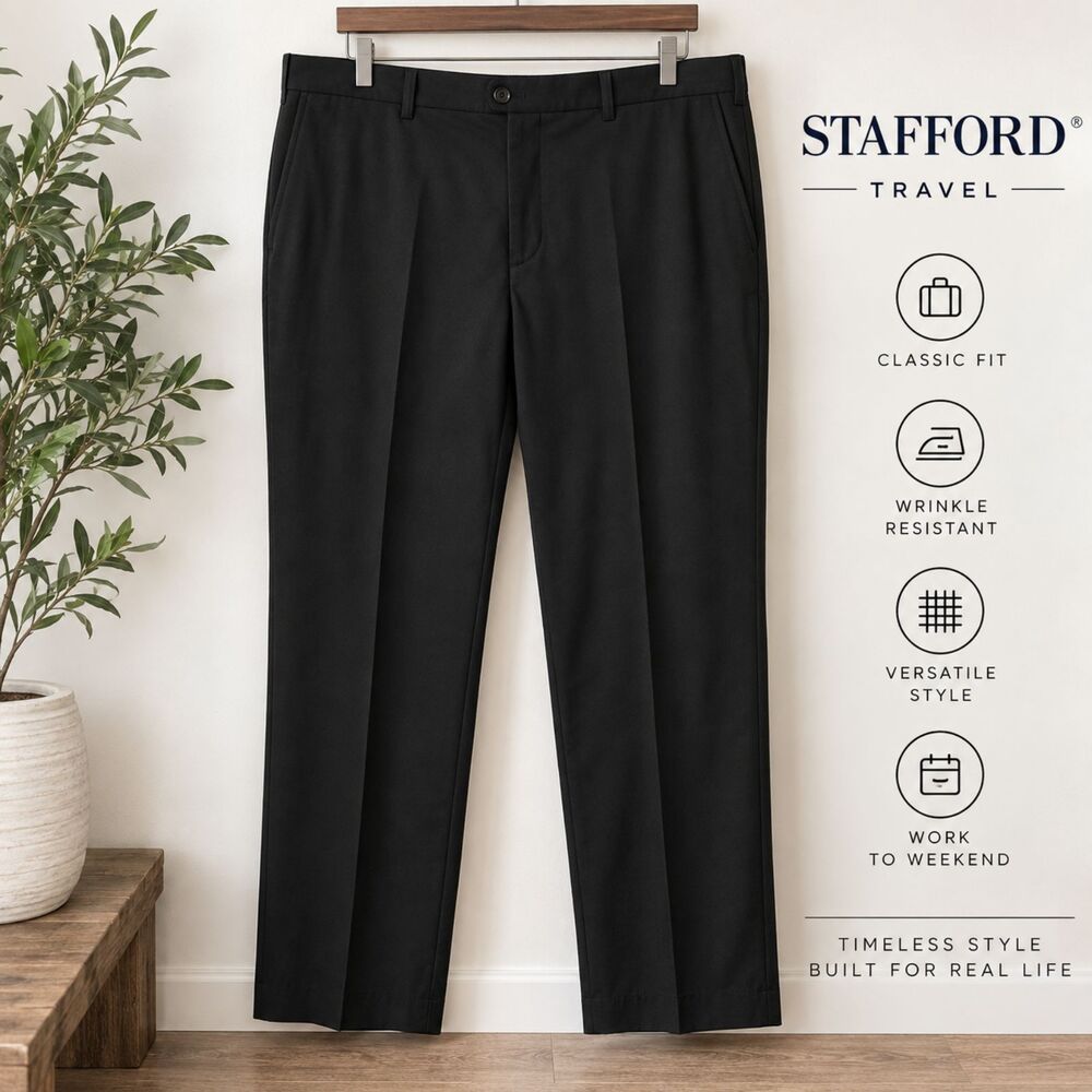 Stafford Travel Mens Dress Pants 36 Black Classic Fit Straight Leg Office Work